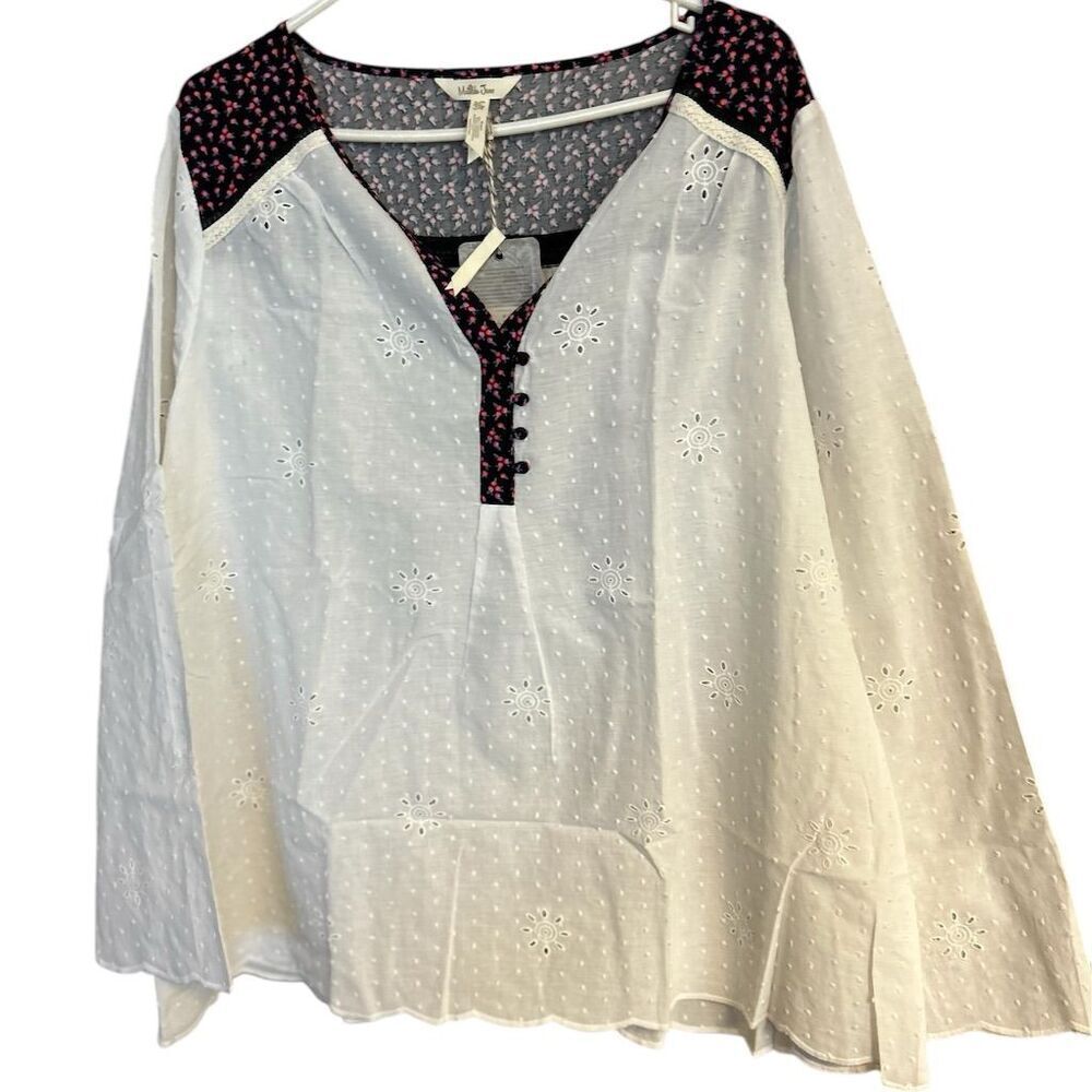 Matilda Jane Women's 2XL White Floral Eyelet Tunic Blouse Long Sleeve